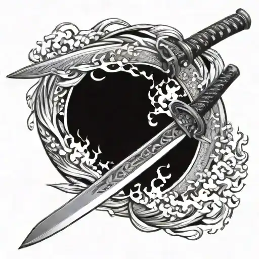 Japanese katana with water and fire tattoo design idea