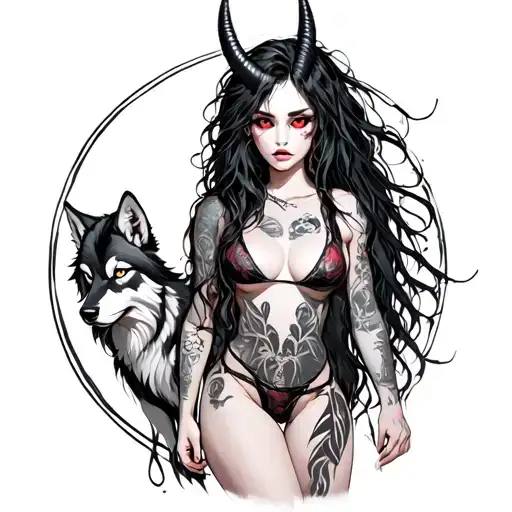 Sexy Pale Girl, Petite, Big Boobs, Wide Hips, G-string. Messy Hair, Demonic Horns with pet red eyed wolf tattoo design idea