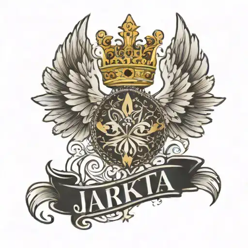 angel wings and crown with the name jakarta  tattoo design idea