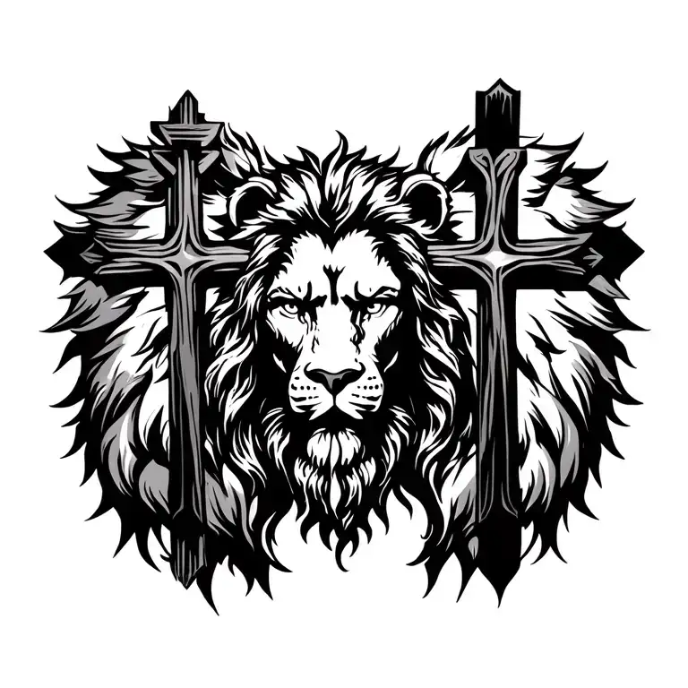 Jesus silhouette in crosss with cross on each side. A fierce lion head as backdrop  tattoo design idea