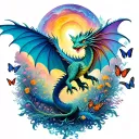 dragons and butterflies doing a psychedelic dance in nature and the universe tattoo design idea