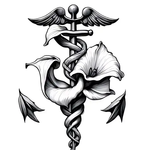 anchor , calla lily flower, medical caduceus intertwined tattoo design idea