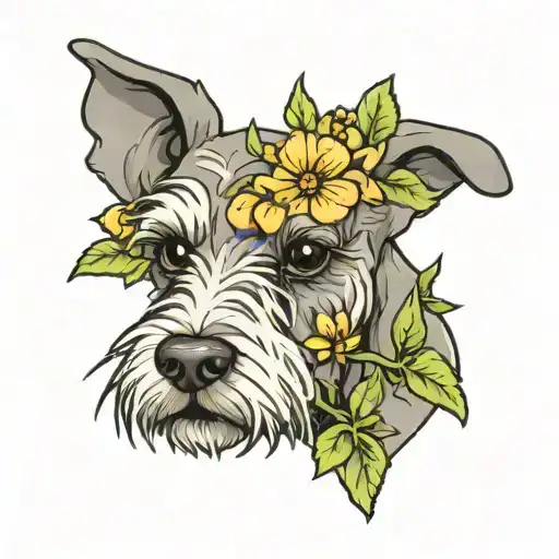 Miniature Schnauzer with flowers behind it from top right tattoo design idea