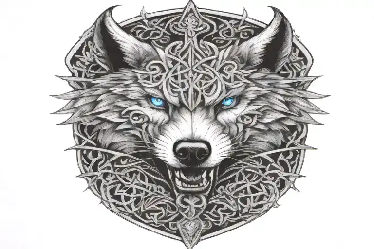 wolf with blue eyes on armor tattoo design featuring Celtic trinity knot  tattoo design idea