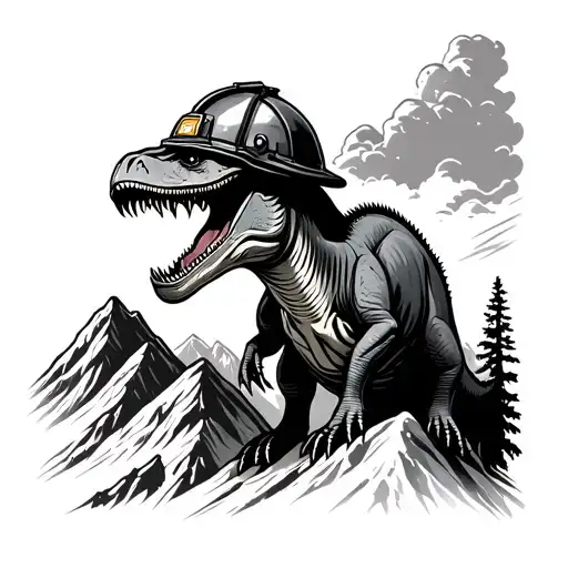 dinosaur wearing firefighter helmet on top of a mountain tattoo design idea