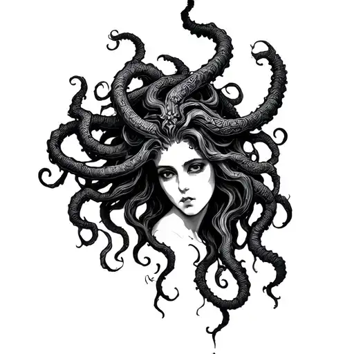 Medusa in the style of chaos on the leg tattoo design idea