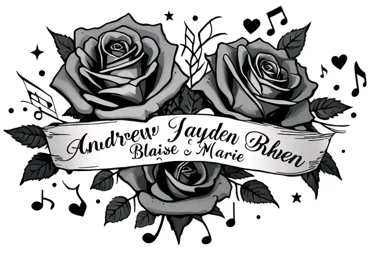 roses around the names Andrew Jayden Reuben Blaise and Jayla Marie with music notes shooting starts and hearts  tattoo design idea