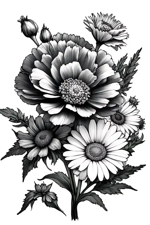 carnation, lilley of the valley, marigold, and daisy flower  tattoo design idea
