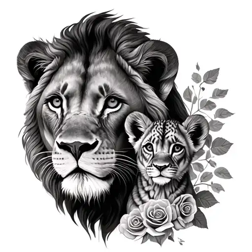 lion and cub faces with roses represet father and daughter tattoo design idea
