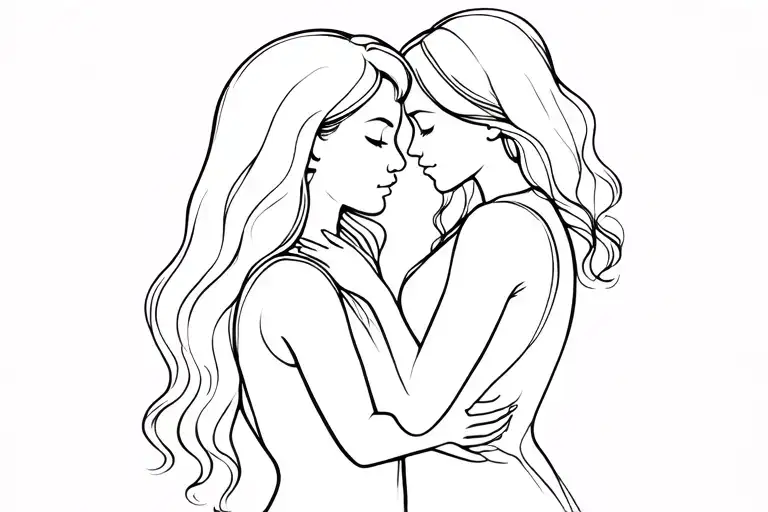 Mom and daughter hug oblique outline tattoo design idea