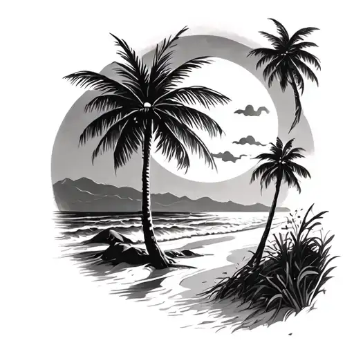 night beach scene with palm trees and a full moon tattoo design idea