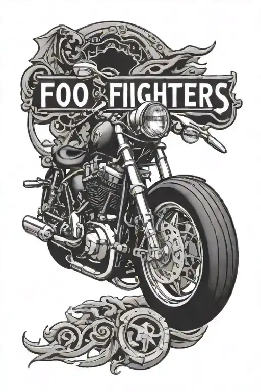 foo fighters logo band, motorcycle pistons, Michael 1990-2024 tattoo design idea