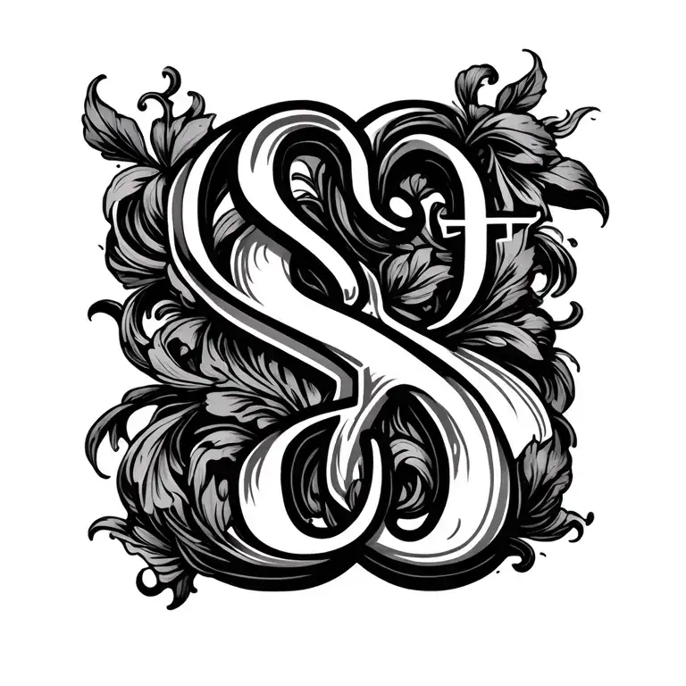 Tattoo design of the letters S and G in artistic cursive script, flowing lines, ornamental flourishes, elegant black ink tattoo design idea