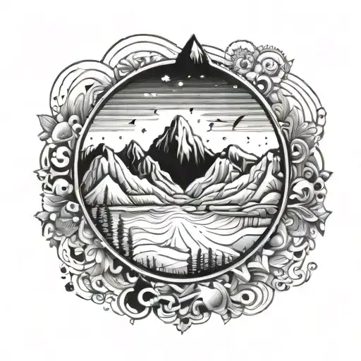 A Bollywood inspired music scene with a mountain range in the background tattoo design idea