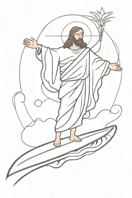 Jesus Christ on a surfboard floats on the waves with a glass of wine in his right hand tattoo design idea