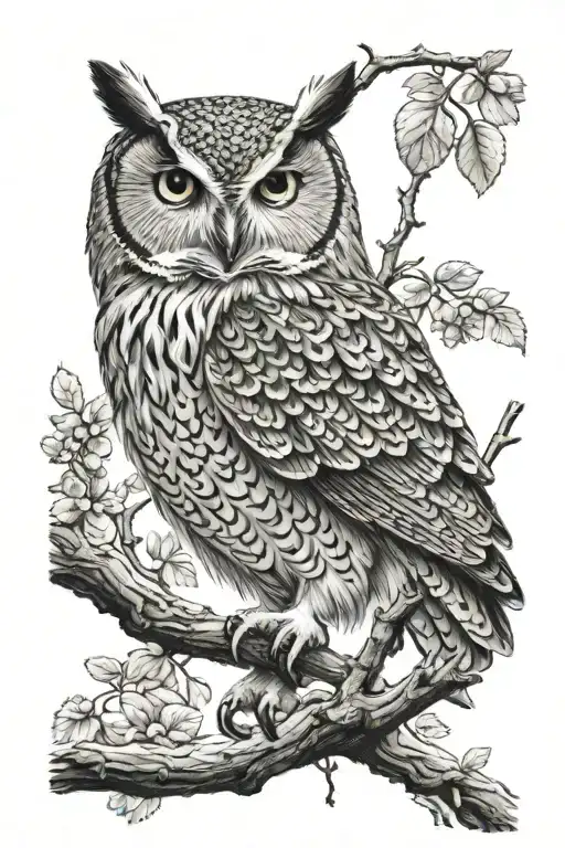 owl perched on a branch tattoo design idea