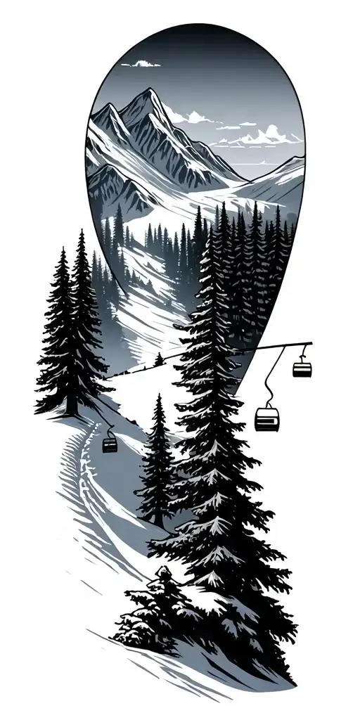 ski slope with mountains and trees and ski lift going up the mountian tattoo design idea
