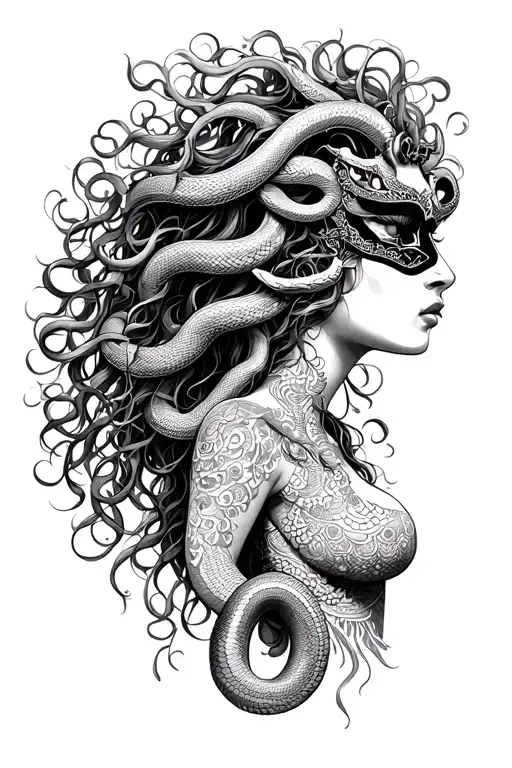 medusa goddess with oni mask, snakes hair tattoo design idea