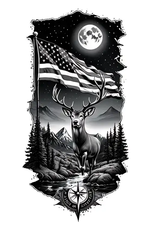 mountains with a stream, moonlight, torn u.s flag, big mule deer buck, and not all who wonder are lost compass  tattoo design idea