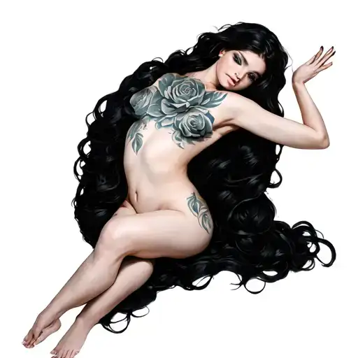 Eve Elfi is completely naked, big boobs, very big boobs tattoo design idea