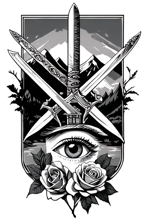 two swords crossing with eye and rose next to it with mountain back grand and house  tattoo design idea