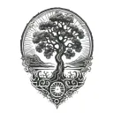 tree of life and sun and moon and jing jang symbol tattoo design idea
