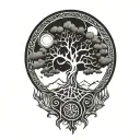 tree of life and sun and moon and jing jang symbol tattoo design idea