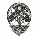 tree of life and sun and moon and jing jang symbol tattoo design idea