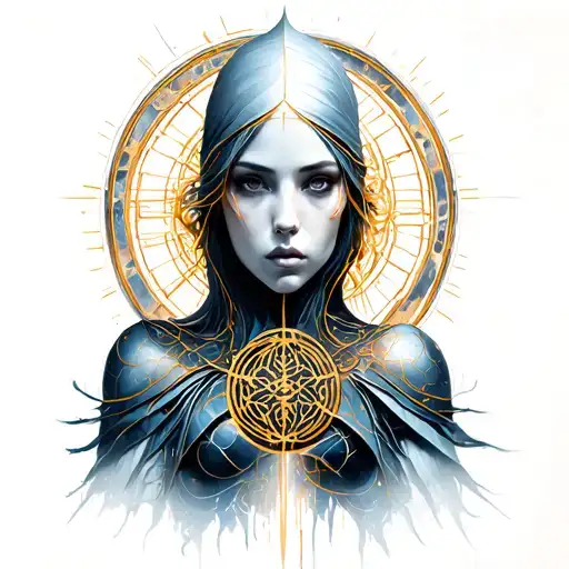 faceless female warrior in equanimity symbol intertwined tattoo design idea