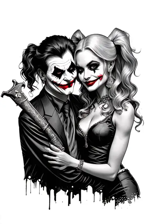 joker and harley quinn holding a halligan tattoo design idea