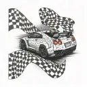 A dynamic tattoo showcasing a Nissan GTR speeding past a checkered flag, with subtle references to Christianity tattoo design idea