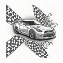 A dynamic tattoo showcasing a Nissan GTR speeding past a checkered flag, with subtle references to Christianity tattoo design idea