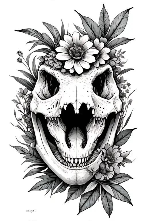 dinosaur skulls woth plants and flowers intertwined tattoo design idea