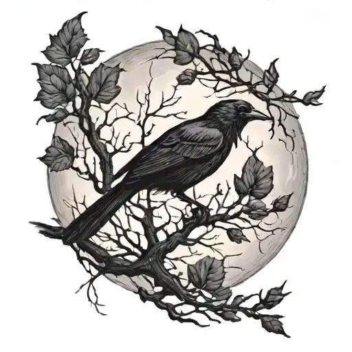 An intricate design of intertwining tree branches forming the silhouette of a blackbird against a full moon backdrop tattoo design idea