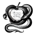 a serpent surrounding a heart-shaped bitten apple with "The heart is deceitful above all things" quote beneath it tattoo design idea