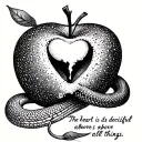 a serpent surrounding a heart-shaped bitten apple with "The heart is deceitful above all things" quote beneath it tattoo design idea