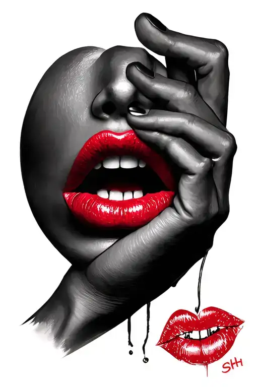 hand making the shh gesture with sexy lips behind tattoo design idea