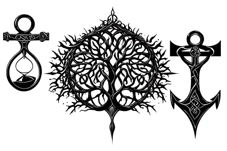 tree of life, hourglass, and celtic anchor all intertwined  tattoo design idea