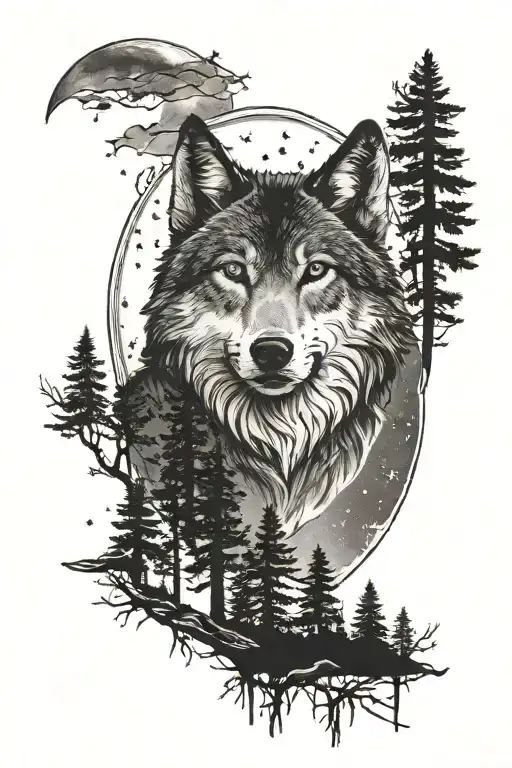 lone wolf forest moon and stars tattoo design idea