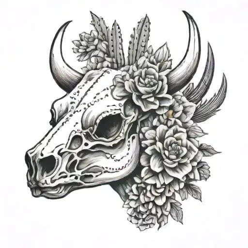 cow skull and floral cactus tattoo design idea