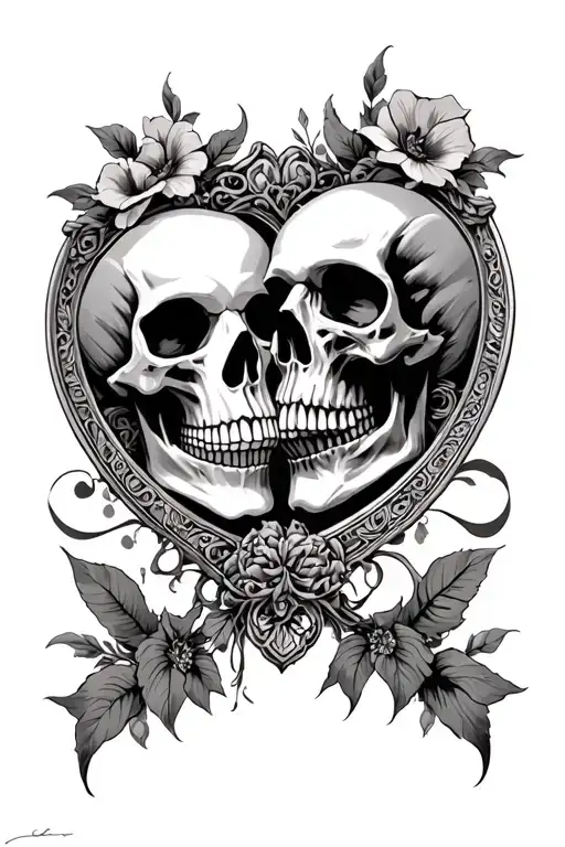 two skulls, facing eachother,  casket frame tattoo design idea