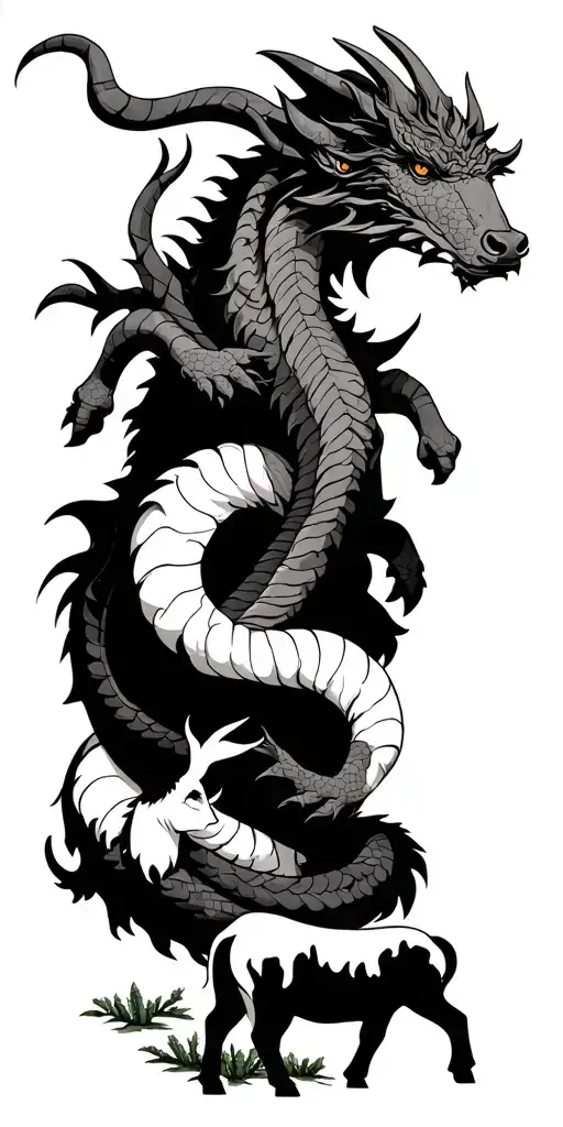 dragon wrapped around an ox with a goat and calf nearby. bamboo and cacti in bsckground tattoo design idea