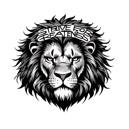 battled scarred lion face with it's hair spelling "STRIVE FOR GREATNESS" tattoo design idea