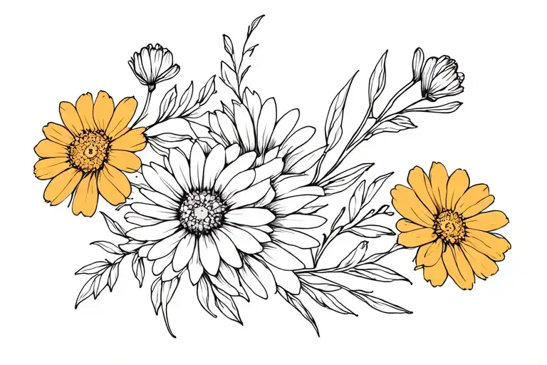 aster, marigold and chrysanthemum flowers intertwined tattoo design idea