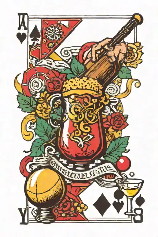 darts beer dominos playing cards microphone pool balls intertwined  tattoo design idea