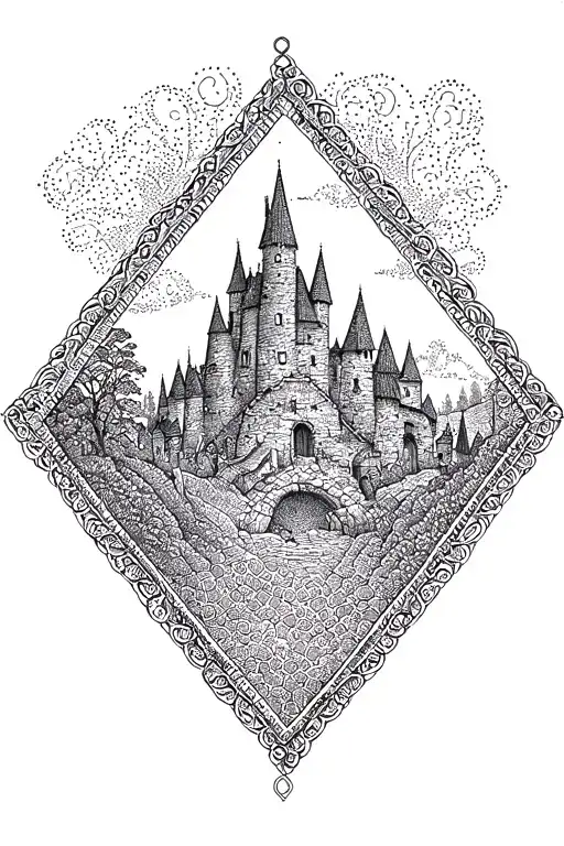 lord of the rings tatto with aspects of the shire, Rivendell, the Riders of Rohan. contained in a diamond shape boarder tattoo design idea