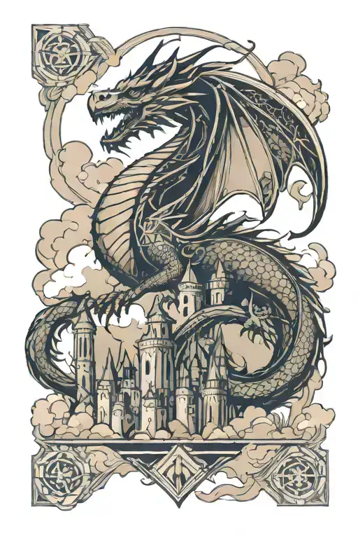 Western Dragon flying through clouds with castles  tattoo design idea