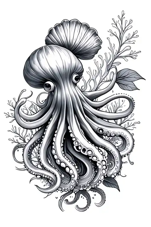 floral octopus and fish spiral shell ocean tattoo hibiscus jellyfish coral sketch black and white  tattoo design idea