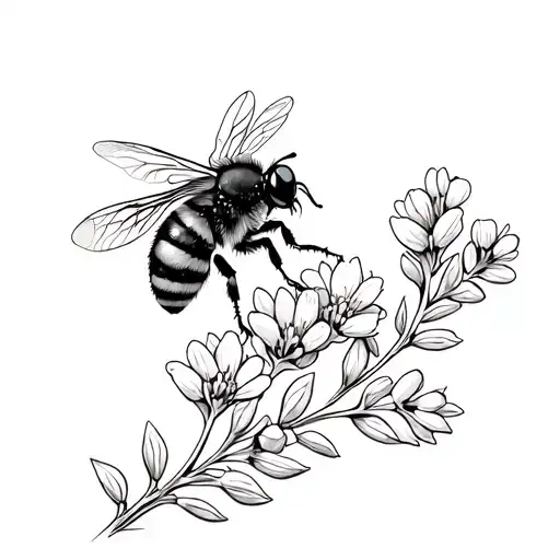 tiny bee on a sprig of thyme flower tattoo design idea
