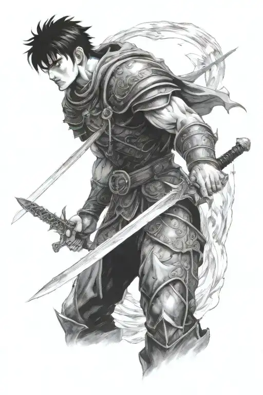 Guts from Berserk stands on a mountain of skulls, holding his sword over his shoulder, looking down. tattoo design idea